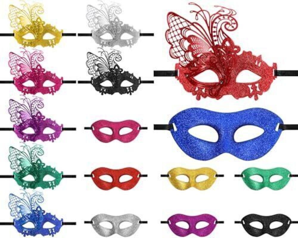 8043 16 Pcs Mardi Gras Couple Masquerade Mask with Feather Flower Unisex